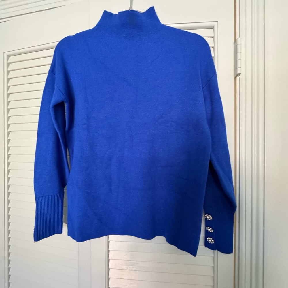 Tahari Royal Blue Mock Turtleneck Sweater with rhinestone buttons on sleeves